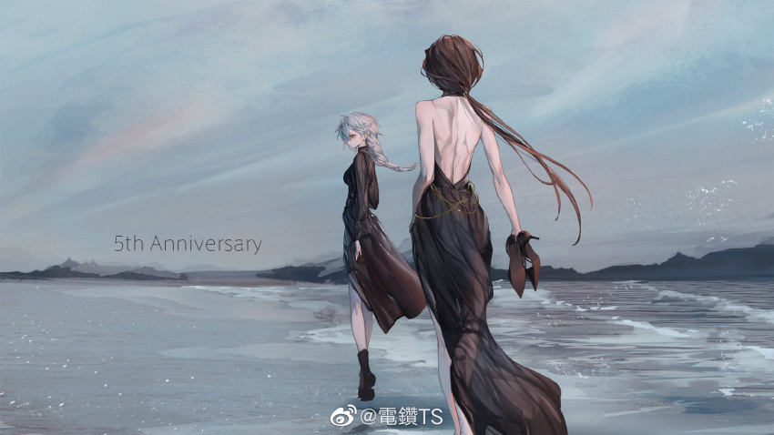 2girls alternate_costume anniversary backless_dress backless_outfit bare_back bare_shoulders beach black_dress braid braided_ponytail chinese_commentary commentary_request dress from_behind gepard_m1_(girls'_frontline) girls'_frontline high_heels highres holding holding_shoes km2o4 long_hair median_furrow messy_hair mondragon_m1908_(girls'_frontline) multiple_girls outdoors ponytail sand shoes shore sky water white_hair