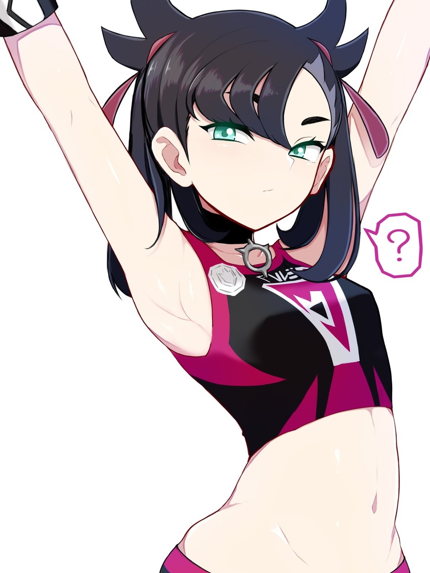 ? alternate_costume aqua_eyes armpits arms_up asymmetrical_bangs asymmetrical_hair bad_id bad_twitter_id black_choker black_hair breasts choker female hair_ribbon highres kuyou_(artist) long_hair looking_at_viewer marnie_(pokemon) medium_hair midriff navel pokemon pokemon_swsh red_ribbon ribbon simple_background small_breasts solo speech_bubble spoken_question_mark stomach twintails upper_body white_background