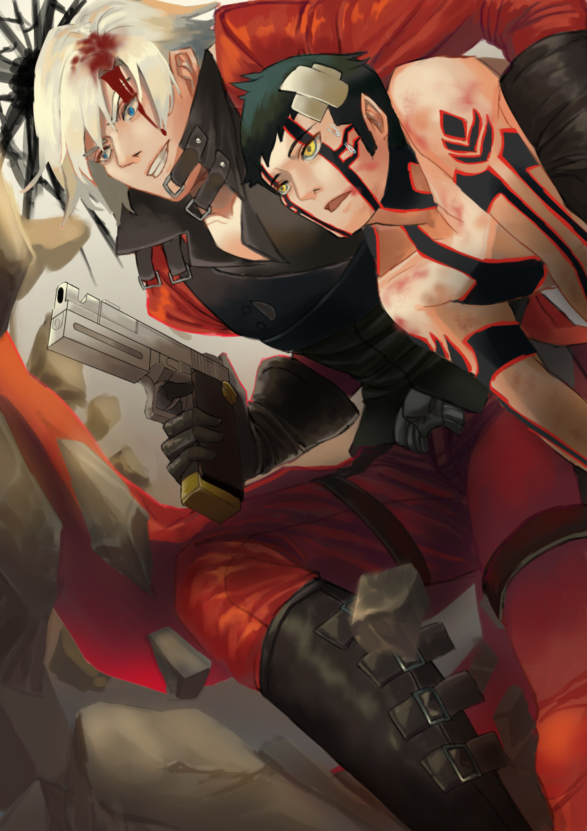 2boys absurdres black_hair blue_eyes coat crossover dante_(devil_may_cry) demi-fiend devil_may_cry_(series) ebony_&_ivory fingerless_gloves full-body_tattoo gloves gun highres jacket male_focus mochigana multiple_boys rebellion_(sword) shin_megami_tensei shin_megami_tensei_iii:_nocturne short_hair shorts simple_background smile sword tattoo weapon white_hair yellow_eyes