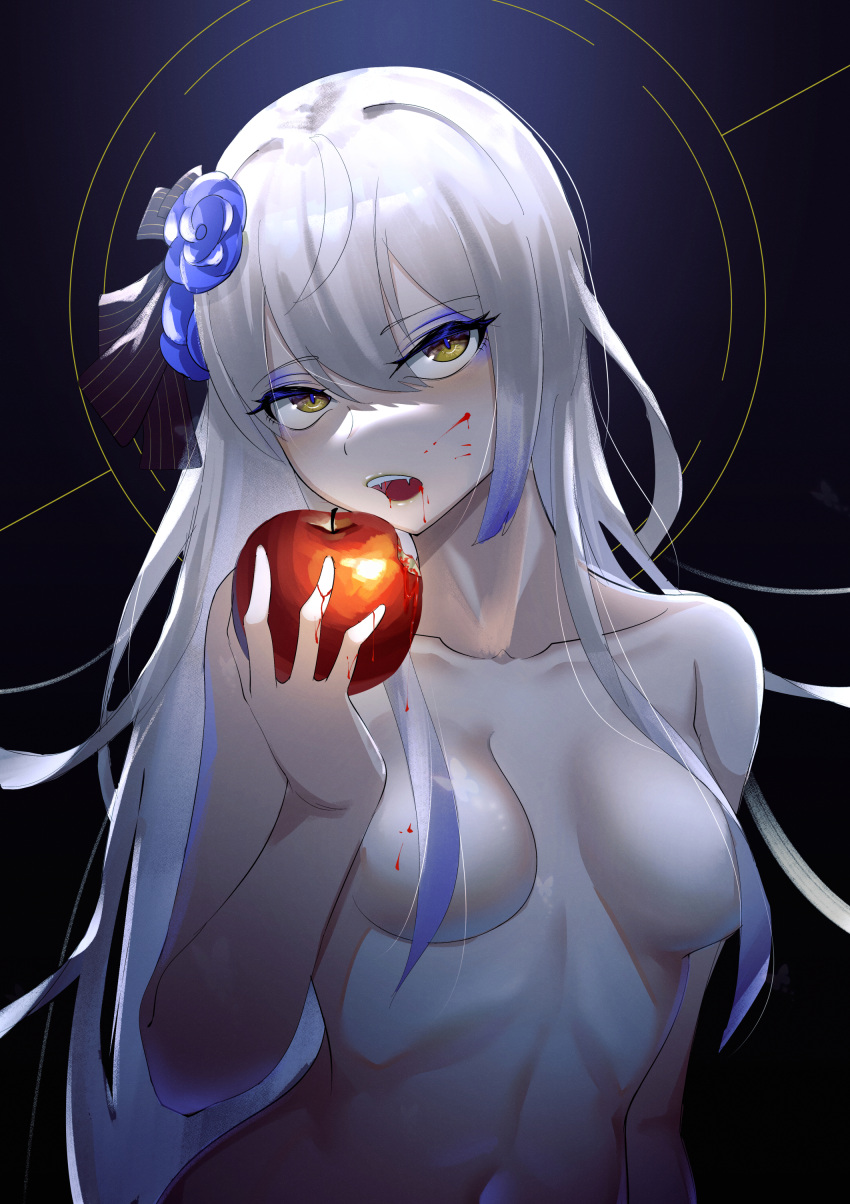 absurdres apple blood blood_from_mouth blood_on_breasts blood_on_face blood_on_hands blue_eyeshadow breasts breasts_apart character_name commentary convenient_censoring eating eyelashes eyes_visible_through_hair eyeshadow fangs female flower food fruit glowing hair_flower hair_ornament highres holding holding_food holding_fruit long_hair looking_at_viewer makeup navel nude open_mouth original slit_pupils solo striped teeth tongue upper_teeth_only virtual_youtuber white_hair yellow_eyes zhait007