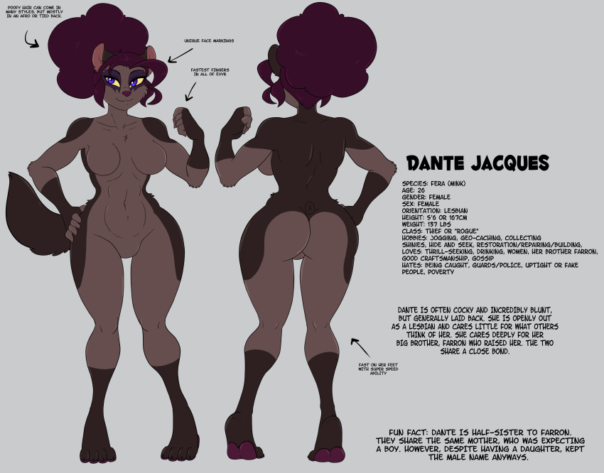 absurd_res anthro athletic athletic_anthro athletic_female dante_jacques english_text female hi_res mammal mink model_sheet mustelid musteline puffy_hair skidd solo text true_musteline uberquest wide_hips