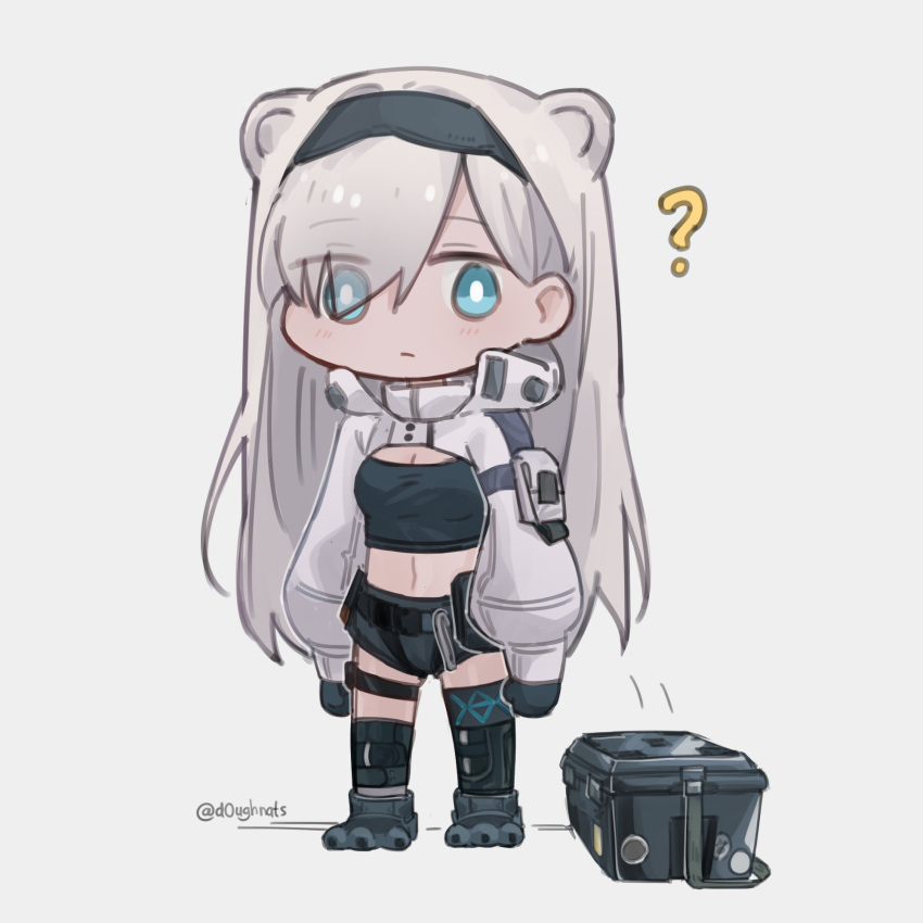 ? animal_ears arknights aurora_(arknights) aurora_(elite_ii)_(arknights) bear_ears belt black_belt black_gloves black_hairband black_shirt black_shorts blue_eyes chibi commentary crop_top eyes_visible_through_hair female full_body gloves grey_background grey_footwear grey_hair hair_over_one_eye hairband highres infection_monitor_(arknights) long_hair long_sleeves looking_at_viewer midriff nats_(d0ughnats) navel shirt shoes short_shorts shorts shrug_(clothing) simple_background solo standing stomach very_long_hair