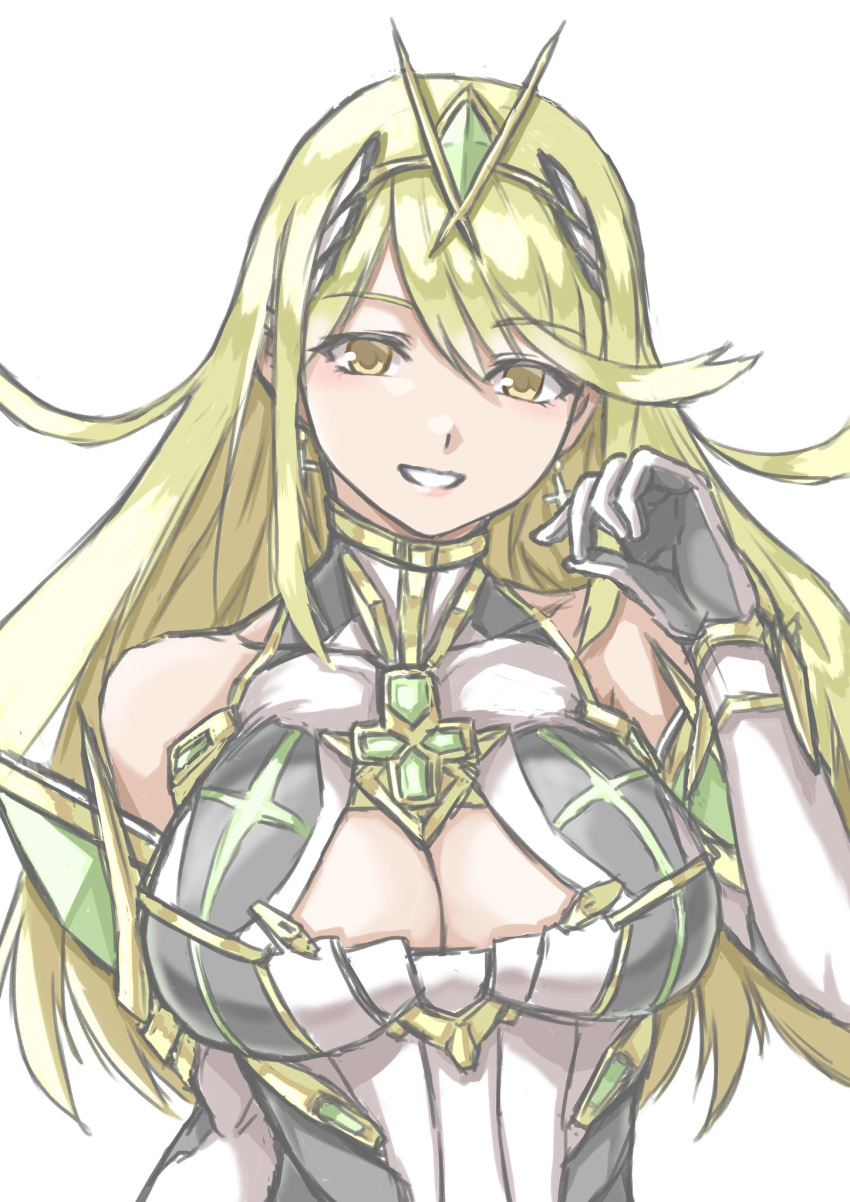 bare_shoulders blonde_hair breasts cleavage collarbone commentary_request covered_collarbone cross cross_earrings earrings elbow_gloves female gloves hand_up headpiece highres jewelry large_breasts leotard long_hair looking_at_viewer mota_saru mythra_(xenoblade) simple_background smile solo upper_body very_long_hair white_background white_gloves white_leotard xenoblade_chronicles_(series) xenoblade_chronicles_2