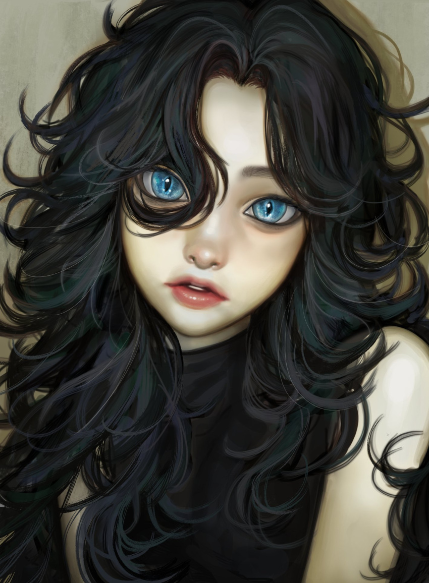 bare_shoulders black_hair blue_eyes female hair_between_eyes highres kangcono korean_commentary long_hair looking_at_viewer messy_hair original parted_lips personification photo-referenced pink_lips slit_pupils solo staring turtleneck upper_body