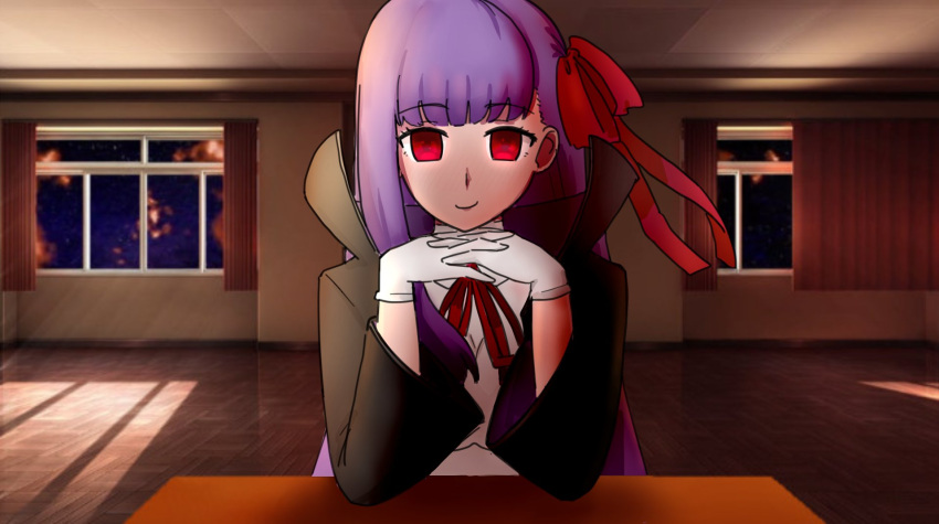 bb_(fate) bb_(fate/extra) black_cape blunt_bangs bow cape closed_mouth curtains derivative_work doki_doki_literature_club english_commentary fate/extra fate/extra_ccc fate/grand_order fate_(series) female gloves hairbow highres indoors interlocked_fingers looking_at_viewer night own_hands_together parody purple_hair raskasar red_bow red_eyes screenshot_redraw shirt sitting smile solo table upper_body when_you_see_it white_gloves white_shirt