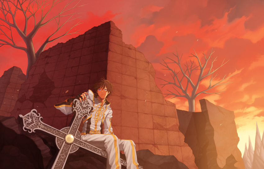 brown_hair cross dungeon_and_fighter dungeon_fighter_online fingerless_gloves gloves highres male male_focus michael michael_of_the_holy_eye priest priest_(dungeon_and_fighter) ruins short_hair sunset