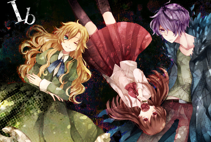 1boy 2girls blonde_hair brown_hair coat commentary_request dress flower garry_(ib) green_dress green_eyes hair_over_one_eye ib_(ib) ib_(kouri) ichinose_(sorario) long_hair long_sleeves mary_(ib) multiple_girls one_eye_closed pants photoshop_(medium) purple_eyes purple_hair red_eyes rose short_hair skirt wavy_hair