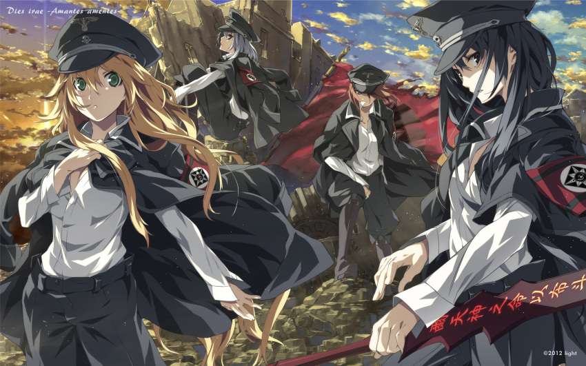 4girls ayase_kasumi_(dies_irae) black_hair blonde_hair boots brown_eyes brown_hair cloud dies_irae flag g_yuusuke green_eyes grey_hair hat highres himuro_rea holding jacket jacket_on_shoulders latin_text long_hair marie_(dies_irae) military military_uniform multiple_girls official_art official_wallpaper peaked_cap purple_eyes reverse_grip ruins sakurai_kei shinza_bansho_series sitting sky standing sword translated uniform waffen-ss weapon