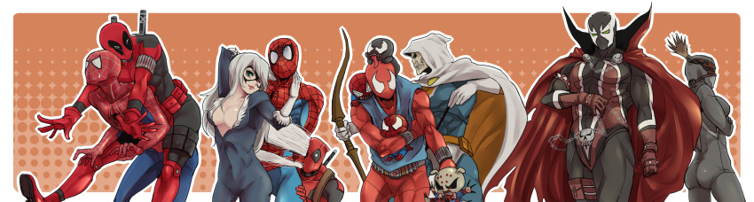 2girls 6+boys animification arrow_(projectile) belt ben_reilly black_cat_(marvel) blush bodysuit boots bow_(weapon) breasts choker collar commentary_request crossover deadpool deadpool_(series) doppelganger_(spider-man) dual_persona felicia_hardy gloves hiding highres hood hug image_comics large_breasts marvel masiro mask multiple_boys multiple_girls multiple_persona peter_parker polka_dot polka_dot_background pouch red_footwear scarlet_spider shoes skull spawn_(comic) spawn_(spawn) spider-man spider-man_(series) superhero_costume sword taskmaster venom_(marvel) vest weapon white_gloves