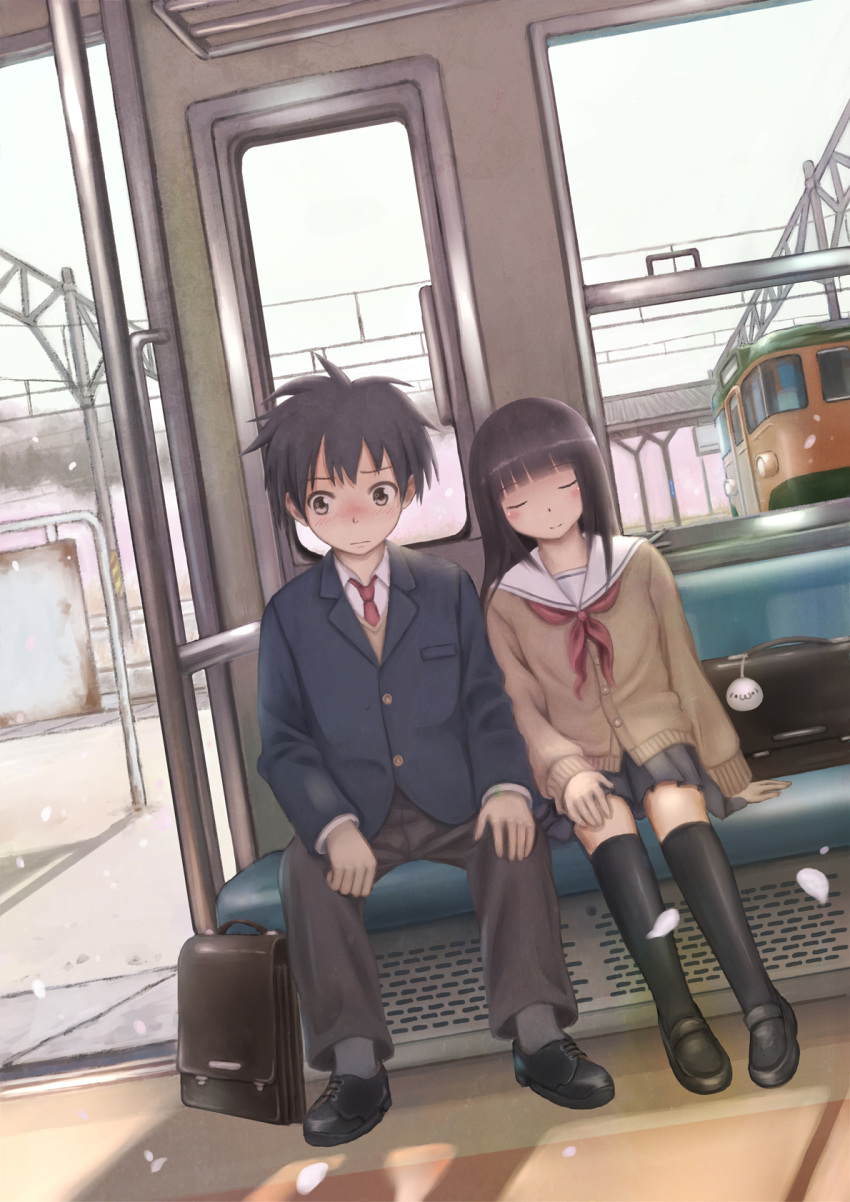 1boy bag black_hair black_legwear blazer blush cardigan closed_eyes commentary_request dutch_angle female highres jacket leaning_on_person long_hair original petals photoshop_(medium) school_bag school_uniform short_hair sitting skirt smile taka_(tsmix) thighhighs train train_interior