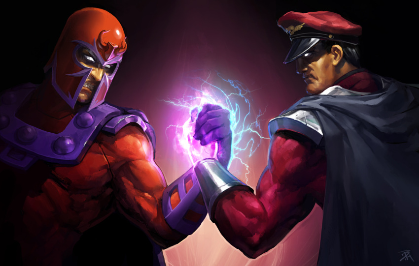 2boys capcom cape crossover hat helmet m._bison magneto male male_focus marvel marvel_vs._capcom marvel_vs_capcom multiple_boys muscle mutant serious vega x-men