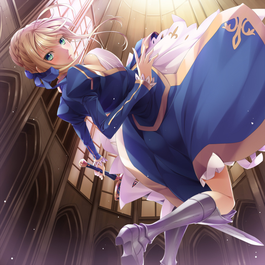 armor artoria_pendragon_(fate) ass blonde_hair blush boots bow breasts commentary_request dress fate/stay_night fate_(series) female green_eyes hairbow high_heels highres looking_at_viewer looking_back mukunokino_isshiki saber_(fate) shoes small_breasts solo sword weapon