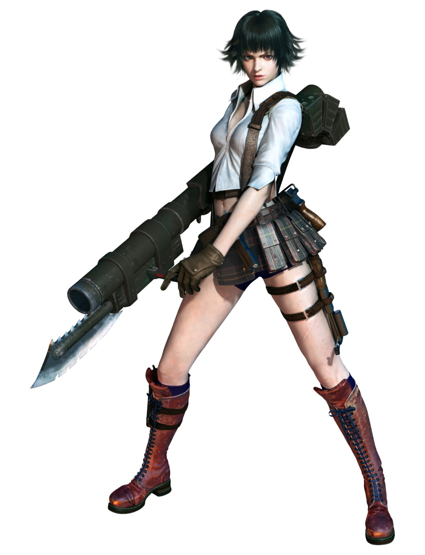 3d absurdres blue_eyes capcom devil_may_cry devil_may_cry_3 female gloves highres ikeno_daigo lady lady_(devil_may_cry) official_art shirt weapon white_shirt