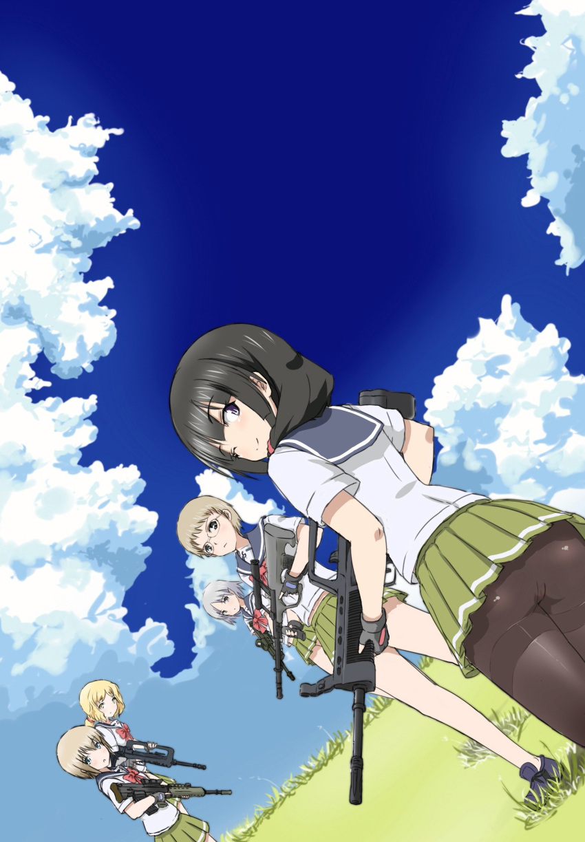 5girls :< :o ;) ass assault_rifle black_hair black_legwear blonde_hair blue_eyes blue_hair blue_sailor_collar bullpup cloud commentary_request day dutch_angle famas famas_(upotte!!) fingerless_gloves glasses gloves green_skirt grey_eyes gun head_tilt highres holding hu_sea iwi_tavor l85 l85a1_(upotte!!) long_hair looking_at_viewer looking_back miniskirt mismatched_sailor_collar multiple_girls one_eye_closed pantyhose photoshop_(medium) pleated_skirt ponytail purple_eyes qbz-95 qbz-95_(upotte!!) red_ribbon ribbon rifle sailor_collar school_uniform serafuku short_hair skirt sky smile steyr_aug steyr_aug_(upotte!!) tavor_ar_(upotte!!) thighband_pantyhose trigger_discipline uniform upotte!! upskirt weapon yellow_eyes