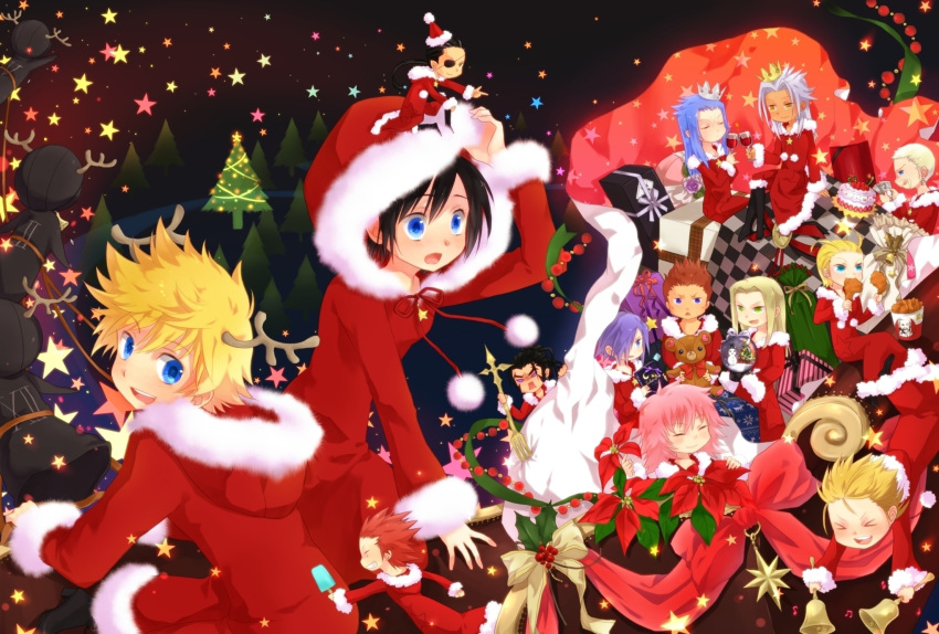 antlers axel black_hair blonde_hair book brown_hair cake crown demyx disney eyepatch food hat highres kingdom_hearts larxene lexaeus luxord marluxia okitsune_(okitsune-sama) okitune-sama organization_xiii pink_hair red_hair roxas saix santa_costume santa_hat square_enix stuffed_animal stuffed_toy teddy_bear vexen xemnas xigbar xion xion_(kingdom_hearts) zexion