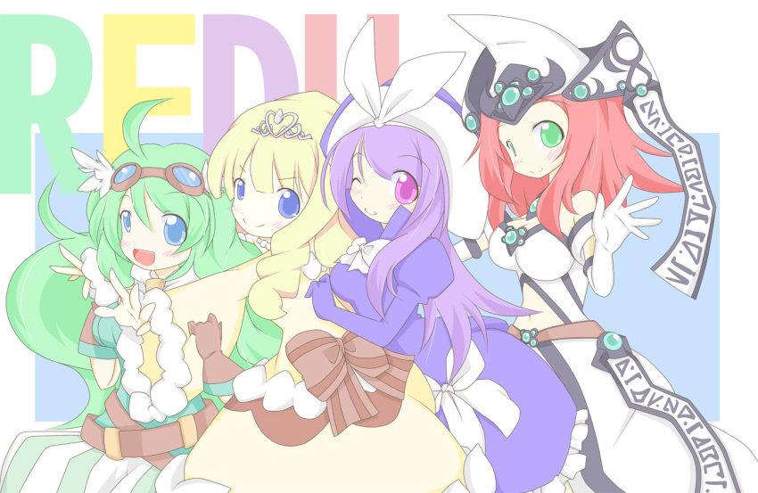 4girls alchemic_magician belt blonde_hair blue_eyes bow dress gloves goggles green_eyes green_hair hat high_priestess_of_prophecy madolche_magileine madolche_puddingcess multiple_girls photoshop_(medium) purple_eyes red_hair ribbon witch_hat yu-gi-oh!