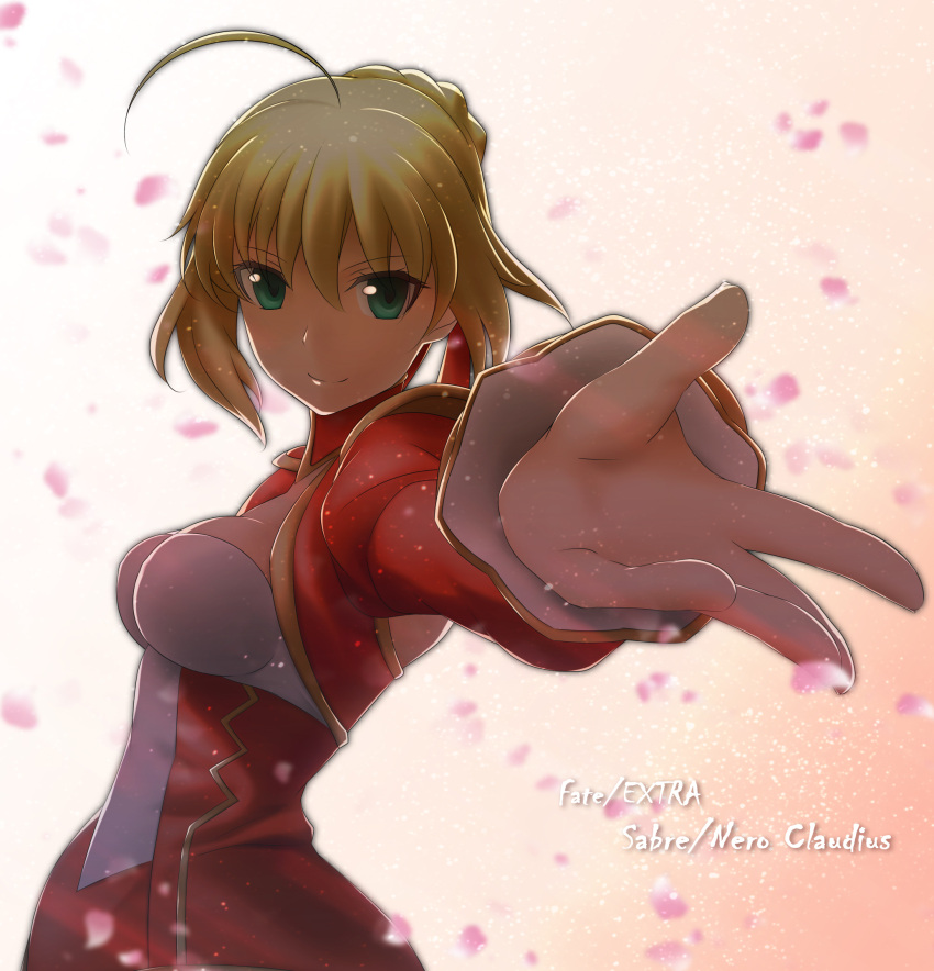 ahoge breasts character_name commentary_request copyright_name dress fate/extra fate_(series) female green_eyes hair_ribbon highres kokutou medium_breasts nero_claudius_(fate) nero_claudius_(fate/extra) outstretched_hand photoshop_(medium) ribbon solo