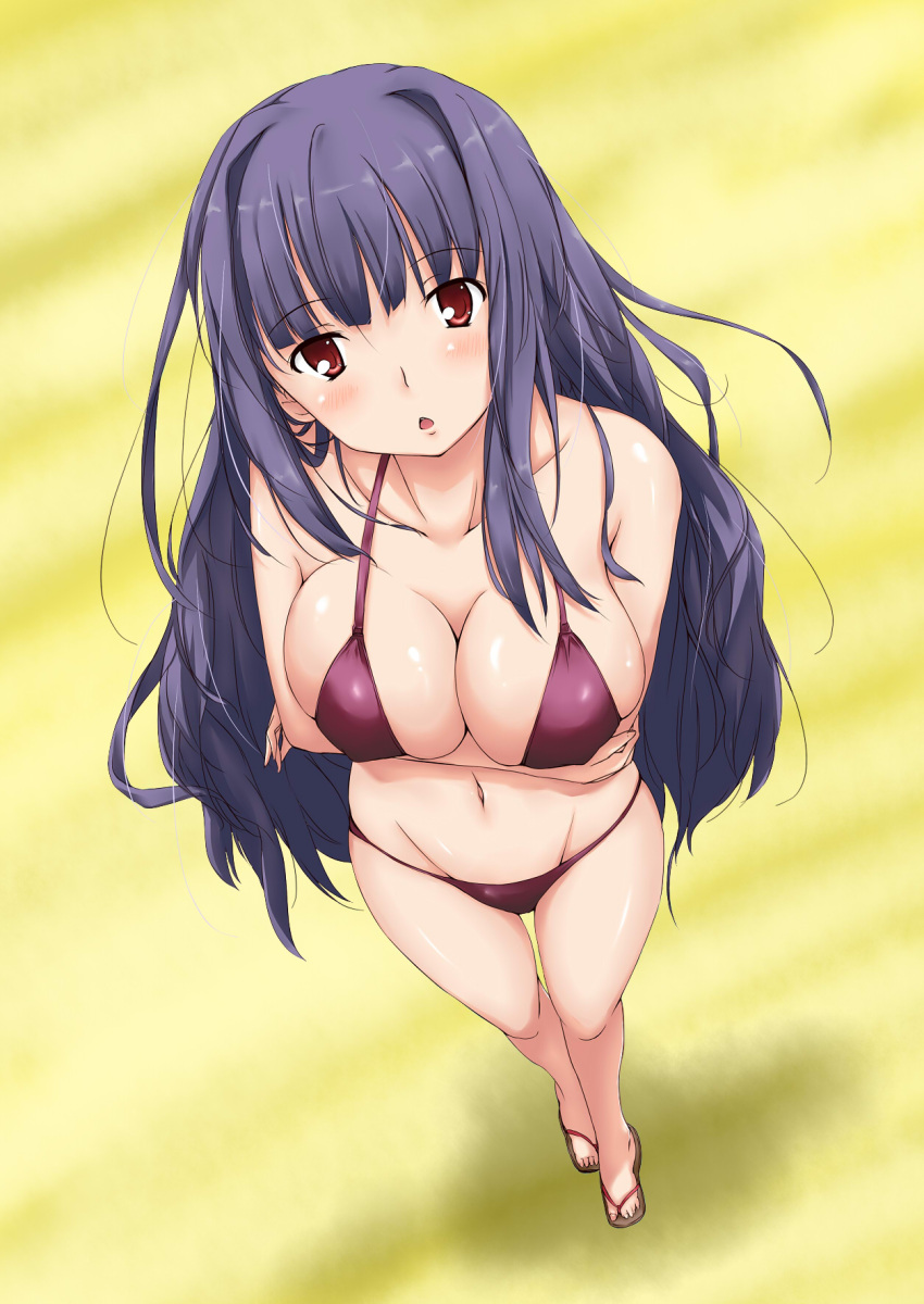 :o akita_hika bikini black_hair blush breasts cleavage female from_above groin highres large_breasts legs long_hair looking_at_viewer navel oda_raika papa_no_iu_koto_wo_kikinasai! purple_bikini purple_hair red_eyes sandals shiny_skin solo standing swimsuit thigh_gap very_long_hair