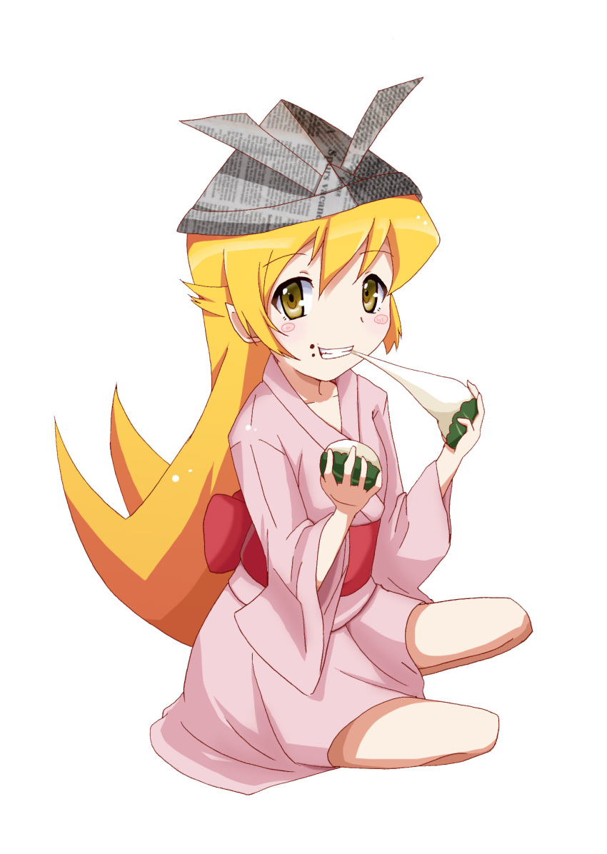 akumu_(hiziiiiii) blonde_hair commentary_request eating female food hat highres holding holding_food japanese_clothes long_hair mochi monogatari_(series) oshino_shinobu photoshop_(medium) pointy_ears simple_background solo wagashi white_background yellow_eyes zongzi