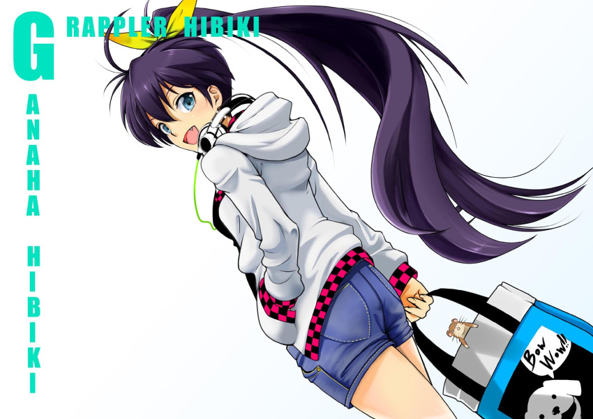 :d black_hair blue_eyes character_name commentary_request denim denim_shorts female from_behind ganaha_hibiki hand_in_pocket headphones highres hood hoodie idolmaster idolmaster_(classic) kurihara_kenshirou long_hair looking_back oerba_yun_fang open_mouth photoshop_(medium) shorts smile solo very_long_hair