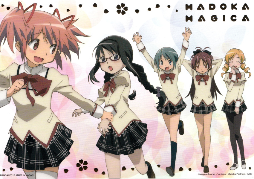 5girls akemi_homura artist_request black_hair blonde_hair blue_eyes blue_hair bow closed_eyes copyright_name dated drill_hair glasses hair_ornament hairband hairbow highres kaname_madoka loafers long_hair mahou_shoujo_madoka_magica mahou_shoujo_madoka_magica_portable miki_sayaka mitakihara_school_uniform multiple_girls no_socks official_art pantyhose pink_eyes pink_hair ponytail purple_eyes red-framed_eyewear red_eyes red_hair sakura_kyoko school_uniform shoes short_hair skirt socks thighhighs tomoe_mami twin_drills twintails zettai_ryouiki