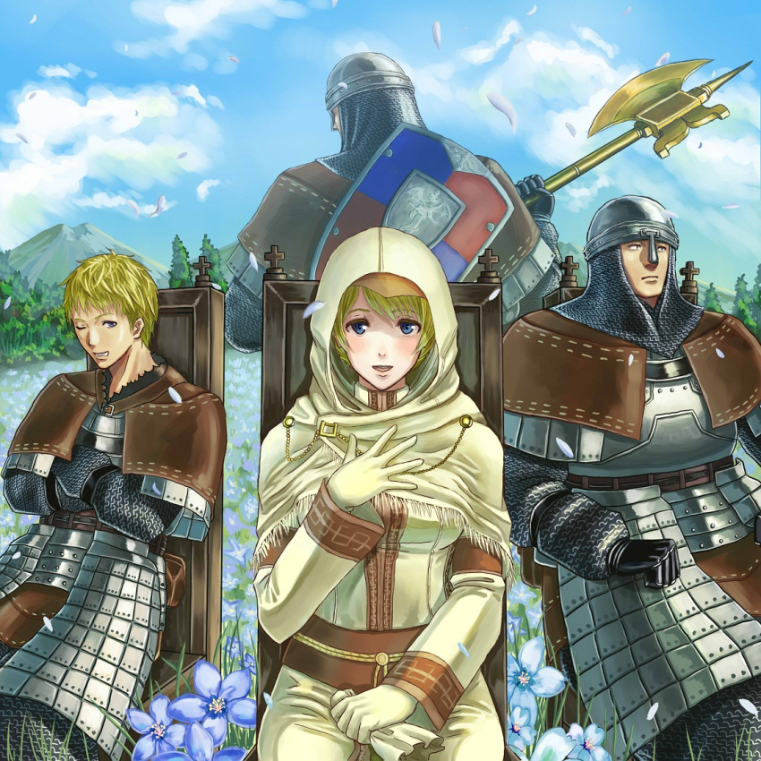 3boys armor axe back blonde_hair blue_eyes blush chair cloud commentary_request cross crossed_arms dark_souls_(series) dark_souls_i day dress female flower full_armor gloves hand_on_own_chest helmet holding hood looking_at_viewer mountain multiple_boys nico_of_thorolund one_eye_closed outdoors petals petrus_of_thorolund polearm rhea_of_thorolund robe sekumaltuo shield short_hair sitting skirt sky smile tree vince_of_thorolund weapon