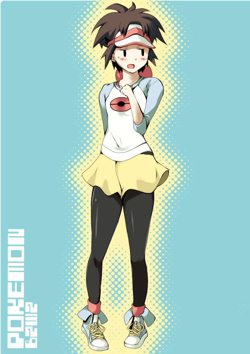 1boy bad_id bad_pixiv_id black_eyes blush brown_hair copyright_name cosplay crossdressing english_text full_body highres male_focus nate_(pokemon) open_mouth otoko_no_ko pantyhose pantyhose_under_shorts pokemon pokemon_bw2 raglan_sleeves rosa_(pokemon) rosa_(pokemon)_(cosplay) sahuyaiya shoes shorts simple_background sneakers solo standing sweatdrop visor_cap yellow_shorts