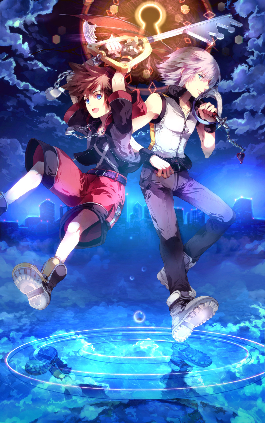 2boys arms_up blue_eyes brown_hair cloud commentary_request fingerless_gloves gloves grey_hair highres hood hoodie instrument jewelry keyblade keyhole kingdom_hearts kingdom_hearts_3d_dream_drop_distance kingdom_key male_focus multiple_boys necklace open_mouth reflection riku_(kingdom_hearts) shirt shorts sky sleeveless sleeveless_shirt sora_(kingdom_hearts) sunakumo water_drop way_to_the_dawn wristband