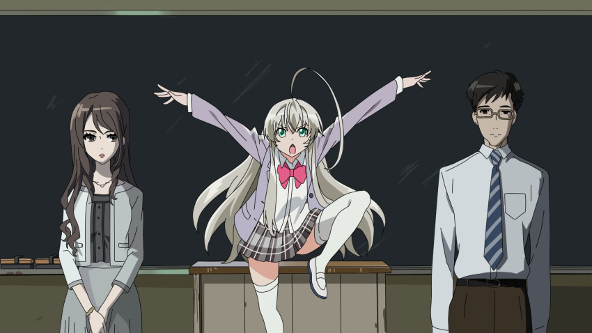 1boy 2girls ahoge another black_hair bow chalkboard commentary_request crane_stance crossover dress_shirt glasses green_eyes grey_hair haiyore!_nyaruko-san highres kubodera_shouji long_hair mikami_(another) multiple_girls necktie nyarlathotep_(nyaruko-san) open_mouth outstretched_arms school_uniform shirt skirt standing standing_on_one_leg takahiro_(rikky) thighhighs white_legwear