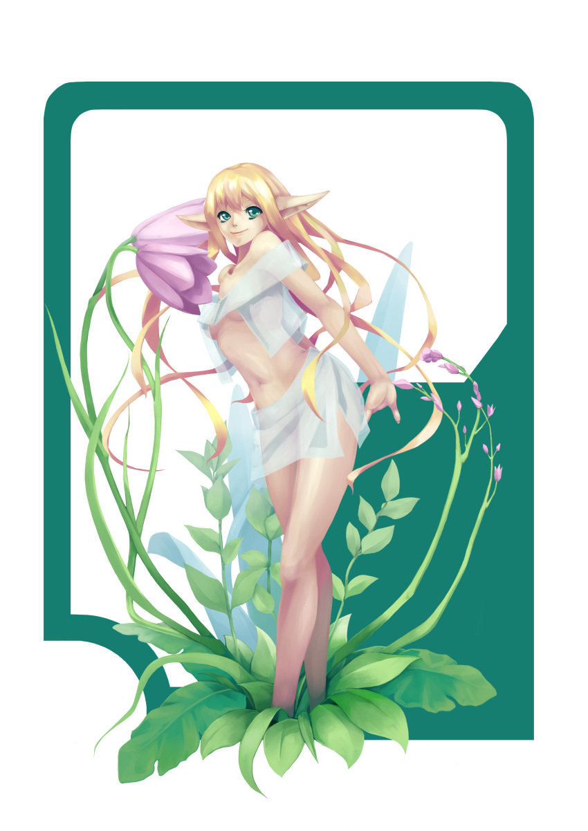 absurdres bad_id bad_pixiv_id blonde_hair breasts elf female flower green_eyes highres lips long_hair navel original pointy_ears see-through small_breasts smile solo weien white_background