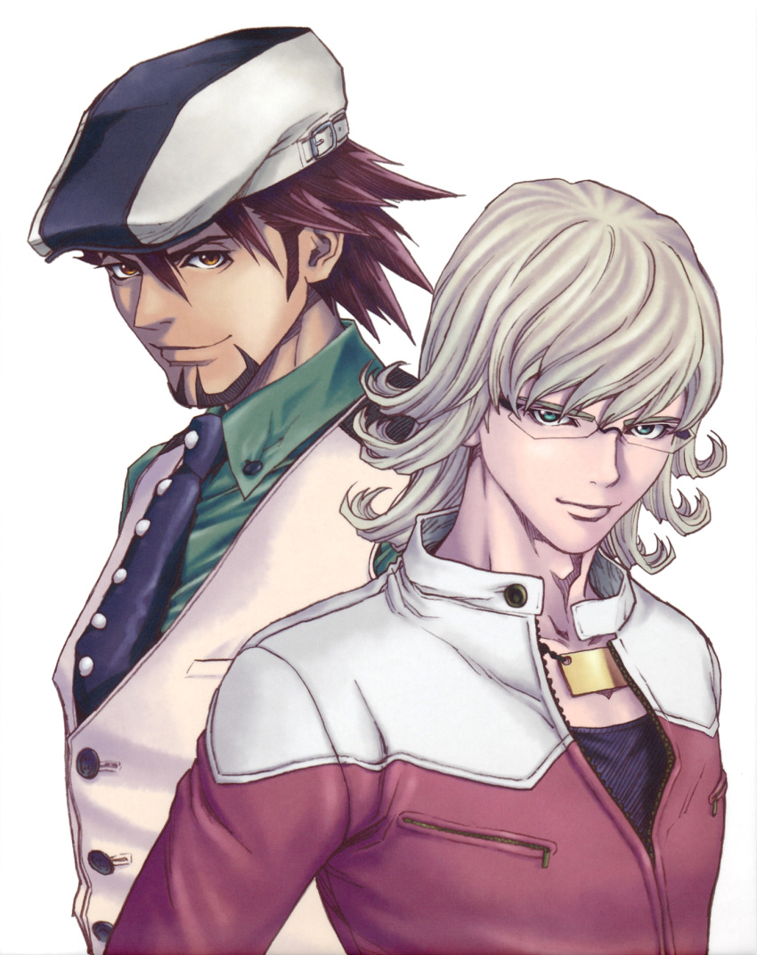 2boys barnaby_brooks_jr. blonde_hair brown_eyes brown_hair cabbie_hat facial_hair glasses green_eyes hat highres jacket jewelry kaburagi_t._kotetsu katsura_masakazu multiple_boys necklace necktie official_art red_jacket stubble tiger_&_bunny vest waistcoat