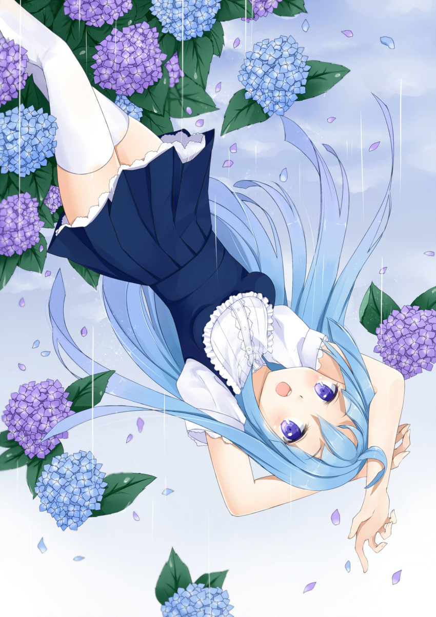 absurdres arms_up blue_hair blue_skirt commentary_request female flower hands hazuki_natsu highres hydrangea hydrangea-chan long_hair open_mouth original petals petticoat purple_eyes rain ringed_eyes skirt solo thighhighs upside-down white_thighhighs