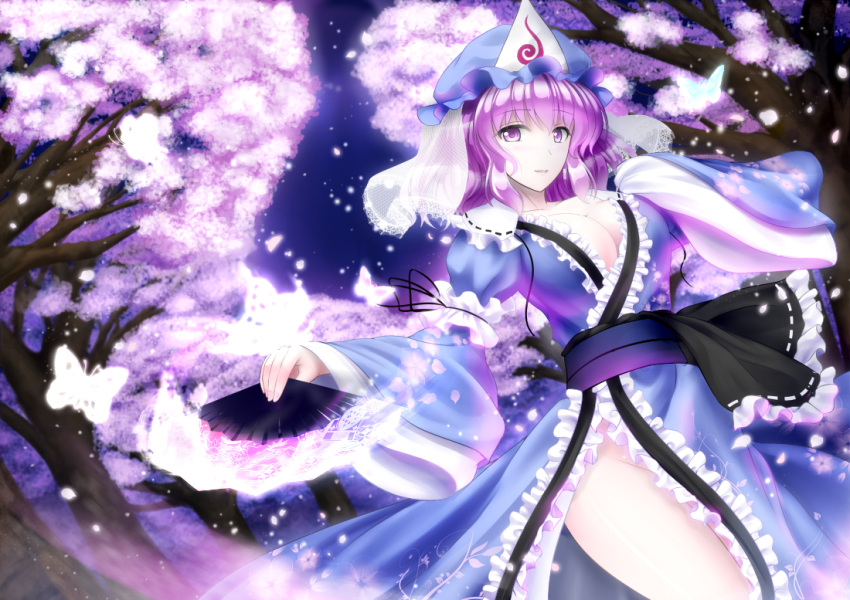 breasts bug butterfly cherry_blossoms cleavage commentary_request female folding_fan hand_fan hat large_breasts legs no_bra no_panties petals pink_eyes purple_hair ribbon saigyouji_yuyuko short_hair side_slit smile solo thighs touhou tree triangular_headpiece veil y2