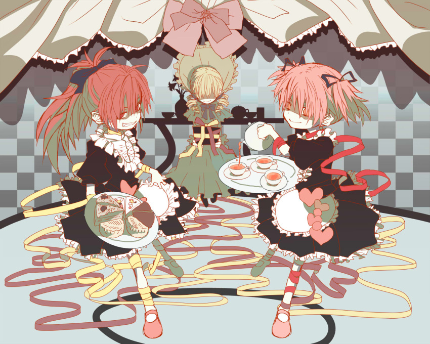 3girls blonde_hair bonnet cake candeloro candeloro's_familiars checkered_background commentary_request cup drill_hair eerr evil_grin evil_smile food gift grin hair_over_eyes hair_ribbon heart highres kaname_madoka mahou_shoujo_madoka_magica mahou_shoujo_madoka_magica_(anime) maid multiple_girls personification pink_eyes pink_hair ponytail red_eyes red_hair ribbon sakura_kyoko shaded_face short_hair smile tea teacup teapot tomoe_mami tray twin_drills twintails witch's_labyrinth