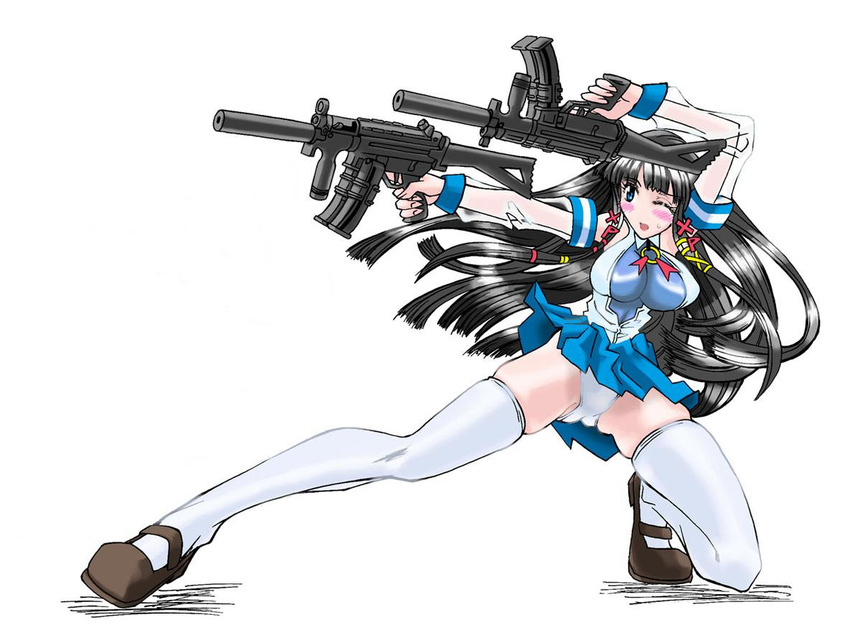 artist_request bad_link black_hair blue_eyes blue_skirt blunt_bangs blush breasts brown_footwear detached_sleeves dual_wielding extended_magazine female folding_stock gun h&k_mp5 h&k_mp5k heckler_&_koch holding jungle_style large_breasts long_hair mary_janes on_one_knee one_eye_closed open_mouth os-tan panties pleated_skirt see-through shoes skindentation skirt sleeveless submachine_gun suppressor thighhighs thighs trigger_discipline underwear vertical_foregrip weapon white_panties white_thighhighs xp-tan