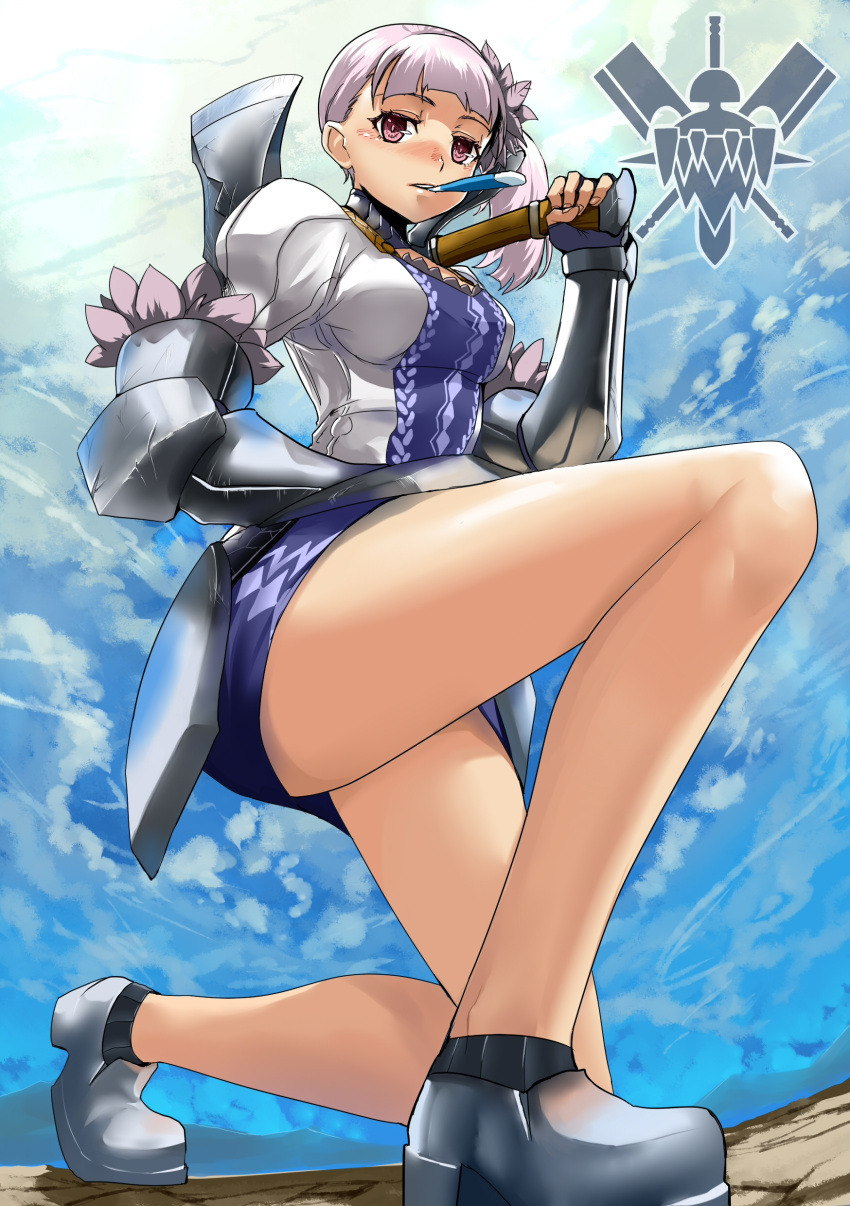 absurdres armor axe bare_legs battle_axe blouse breasts commentary_request female highres large_breasts legs lemuel_gulliver_(pixiv_fantasia) mouth_hold on_one_knee over_shoulder pixiv_fantasia pixiv_fantasia_sword_regalia purple_eyes purple_hair realmbw shirt shoes short_hair side_ponytail skirt sky solo thermometer weapon weapon_over_shoulder