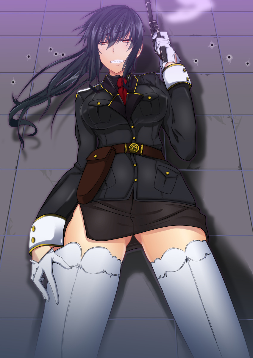 1_(kawaseha) absurdres belt black_hair breasts commentary_request female gloves grin gun handgun highres holster large_breasts long_hair looking_at_viewer military military_uniform miniskirt momoiro_taisen_pairon original photoshop_(medium) pink_eyes ponytail red_eyes side_slit skirt smile solo thighhighs uniform weapon white_gloves white_thighhighs