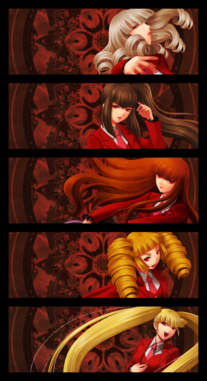 5girls asmodeus_(umineko) bad_id bad_pixiv_id beelzebub_(umineko) belphegor_(umineko) black_hair blonde_hair brown_hair curly_hair drill_hair highres long_hair mammon_(umineko) multiple_girls necktie nomo_(16_16) photoshop_(medium) pink_necktie red_eyes satan_(umineko) side_ponytail stakes_of_purgatory twintails umineko_no_naku_koro_ni