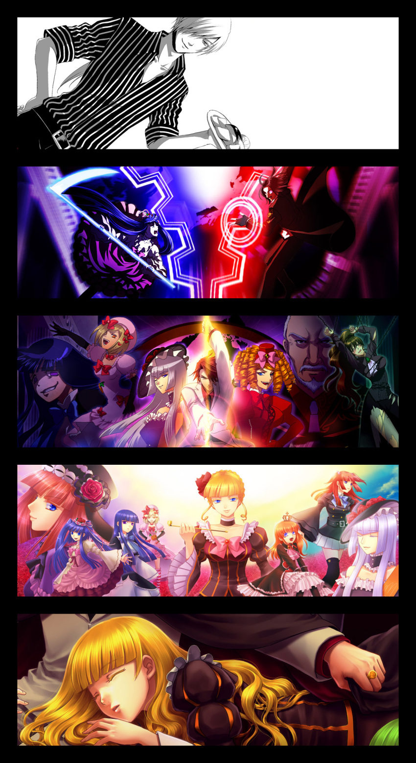 4boys 6+girls amakusa_juuza bad_id bad_pixiv_id beard beatrice_(umineko) blue_eyes blue_hair closed_eyes curly_hair eva_beatrice facial_hair flower frederica_bernkastel furudo_erika gaap_(umineko) grin hair_ornament highres kiseru lambdadelta long_hair maria_(umineko) monocle multiple_boys multiple_girls nomo_(16_16) photoshop_(medium) purple_eyes purple_hair red_eyes red_hair ronove_(umineko) scythe sleeping smile smoking_pipe umineko_no_naku_koro_ni ushiromiya_ange ushiromiya_battler ushiromiya_kinzou ushiromiya_maria ushiromiya_natsuhi virgilia_(umineko)