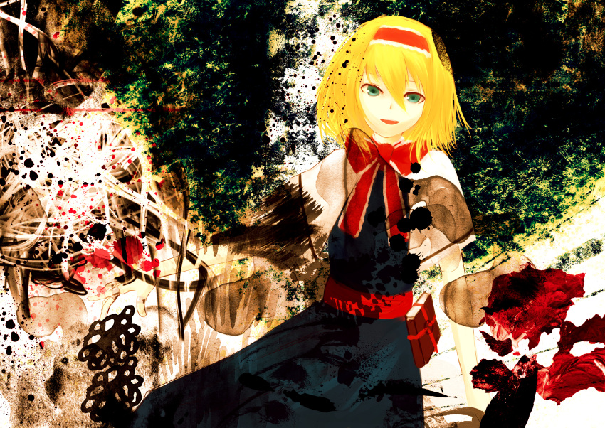 absurdres alice_margatroid bad_id bad_pixiv_id blonde_hair blood book capelet dress female green_eyes grimoire grimoire_of_alice hair_ribbon hairband highres houmatu_awa open_mouth photoshop_(medium) ribbon solo touhou