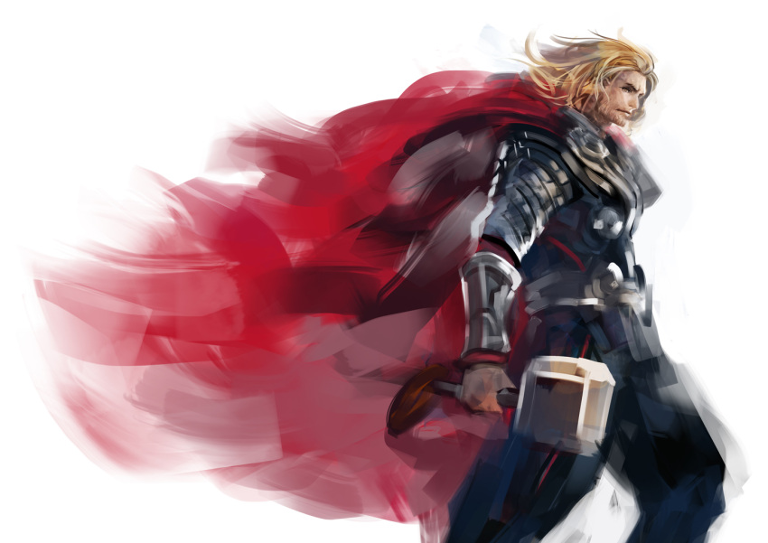 1boy armor beard blonde_hair cape commentary english_commentary facial_hair hammer male_focus manly marvel marvel_cinematic_universe mjolnir_(marvel) photoshop_(medium) pump_(pumpqmuq) solo thor_(marvel) vambraces