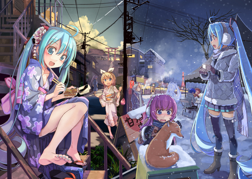 3boys 4girls ahoge amazake_(drink) aqua_eyes aqua_hair barefoot beek black_gloves black_thighhighs blonde_hair blue_eyes blush boots breasts cleavage coat commentary_request feet festival fingernails fox gloves gumi hair_ornament hairclip hatsune_miku headphones highres japanese_clothes kagamine_len kagamine_rin kaito_(vocaloid) kamui_gakupo kimono long_hair megurine_luka meiko_(vocaloid) multiple_boys multiple_girls nail_polish obi open_mouth outdoors photoshop_(medium) pink_hair pleated_skirt sandals sash scarf short_hair skirt small_breasts snow soles summer thighhighs toenail_polish toenails toes tokyo_tower torii twintails very_long_hair vocaloid winter yakisoba yukata zettai_ryouiki