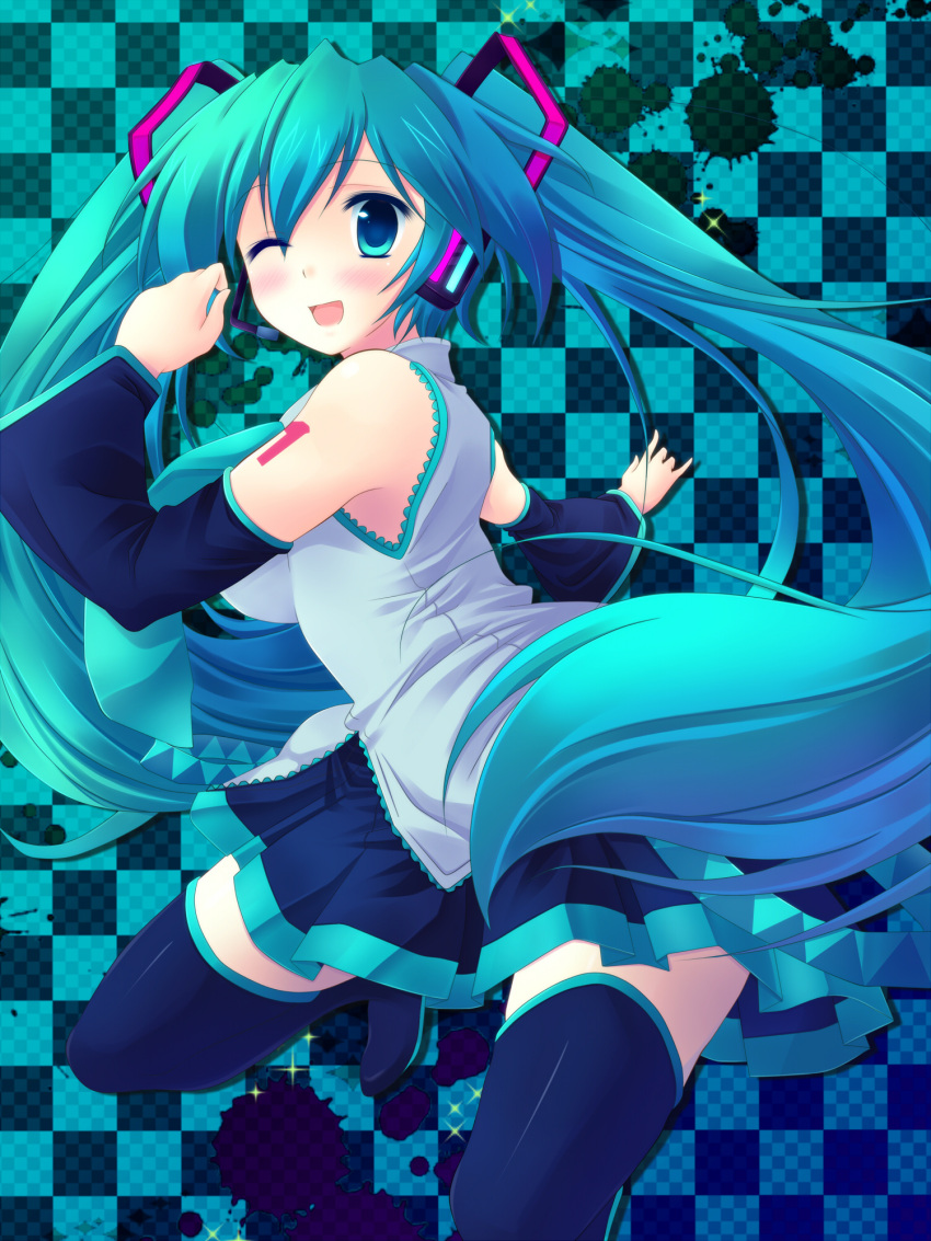 aqua_eyes aqua_hair boots checkered_background collaboration collaboration_request commentary_request detached_sleeves female hatsune_miku headset highres long_hair necktie one_eye_closed partial_commentary skirt solo thigh_boots thighhighs twintails very_long_hair vocaloid yuzuki_sora