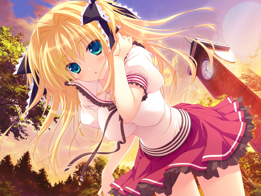 asaba_yuu blonde_hair game_cg green_eyes hoshizora_e_kakaru_hashi hoshizora_e_kakaru_hashi_aa long_hair nanamori_seira seifuku