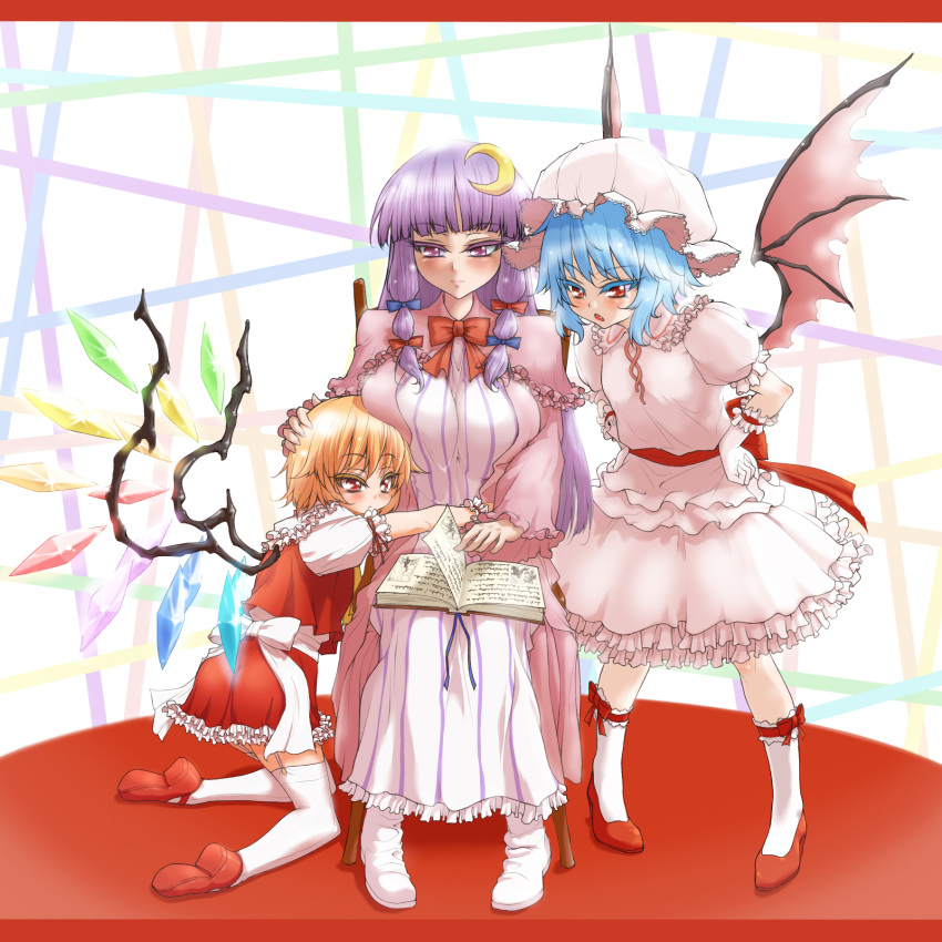 3girls alternate_hairstyle bad_id bad_pixiv_id bat_wings blonde_hair blue_hair book breasts chair colored_eyelashes crescent crescent_hair_ornament demekyon dress flandre_scarlet frills garter_straps hair_ornament highres hug kneehighs large_breasts leaning_forward long_hair multiple_girls no_headwear patchouli_knowledge purple_eyes reading red_eyes remilia_scarlet short_hair side_ponytail sitting smile socks thighhighs touhou very_long_hair white_legwear wings