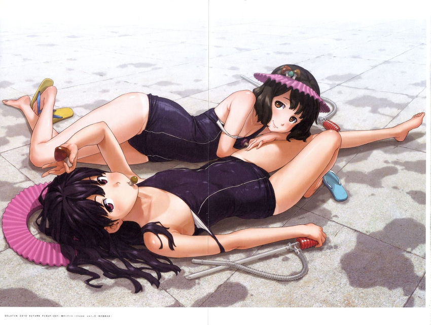 2girls barefoot black_hair brown_eyes brown_hair crease feet flat_chest flip-flops from_side highres legs long_hair lying mouth_hold multiple_girls mushroom naruko_hanaharu on_back on_side one-piece_swimsuit original red_eyes sandals scan school_swimsuit shampoo_hat shoes short_hair single_shoe swimsuit tan tanlines