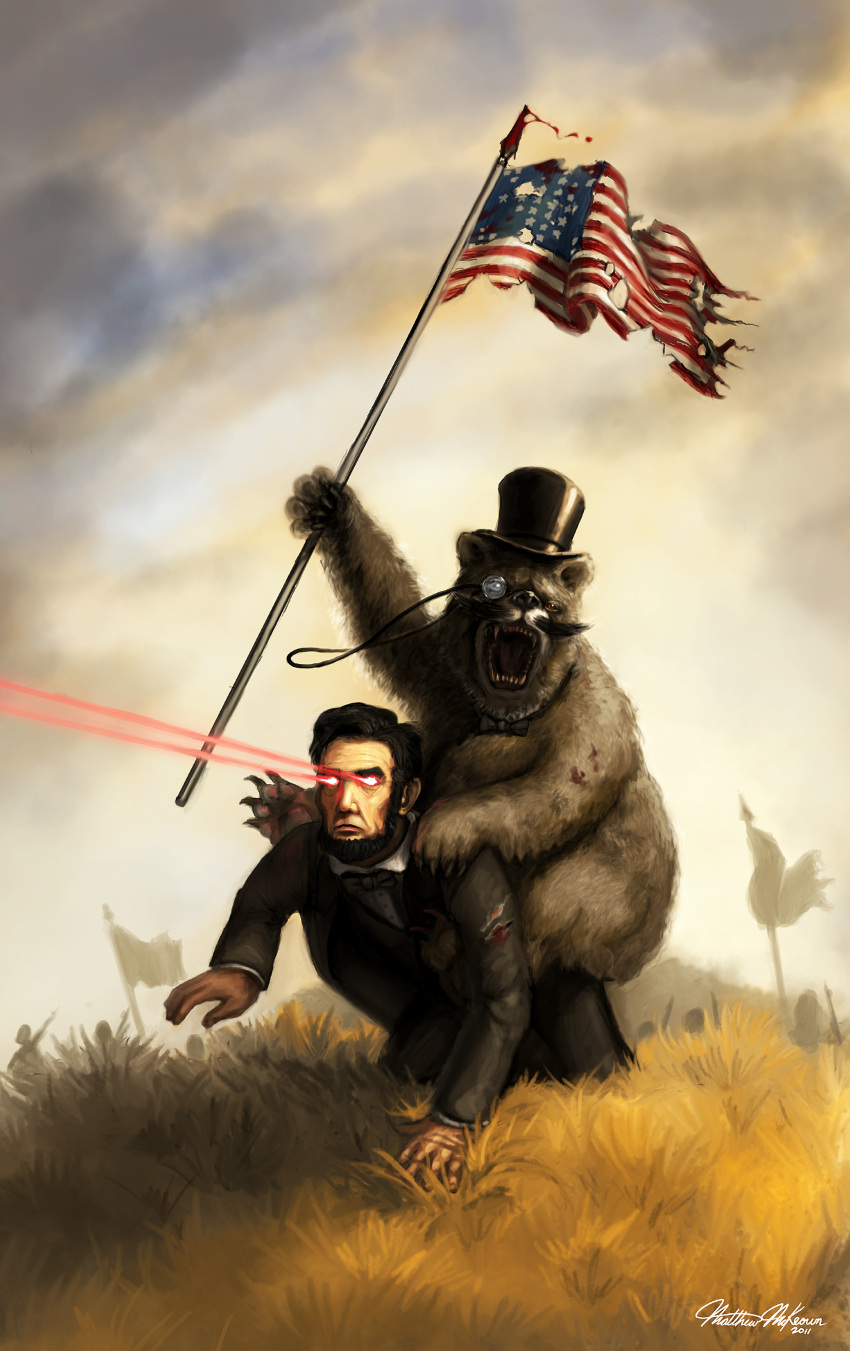 abraham_lincoln absurdres all_fours battlefield bear epic eye_beam facial_hair flag hat highres laser matthew_mckeown monocle moustache role_reversal top_hat what