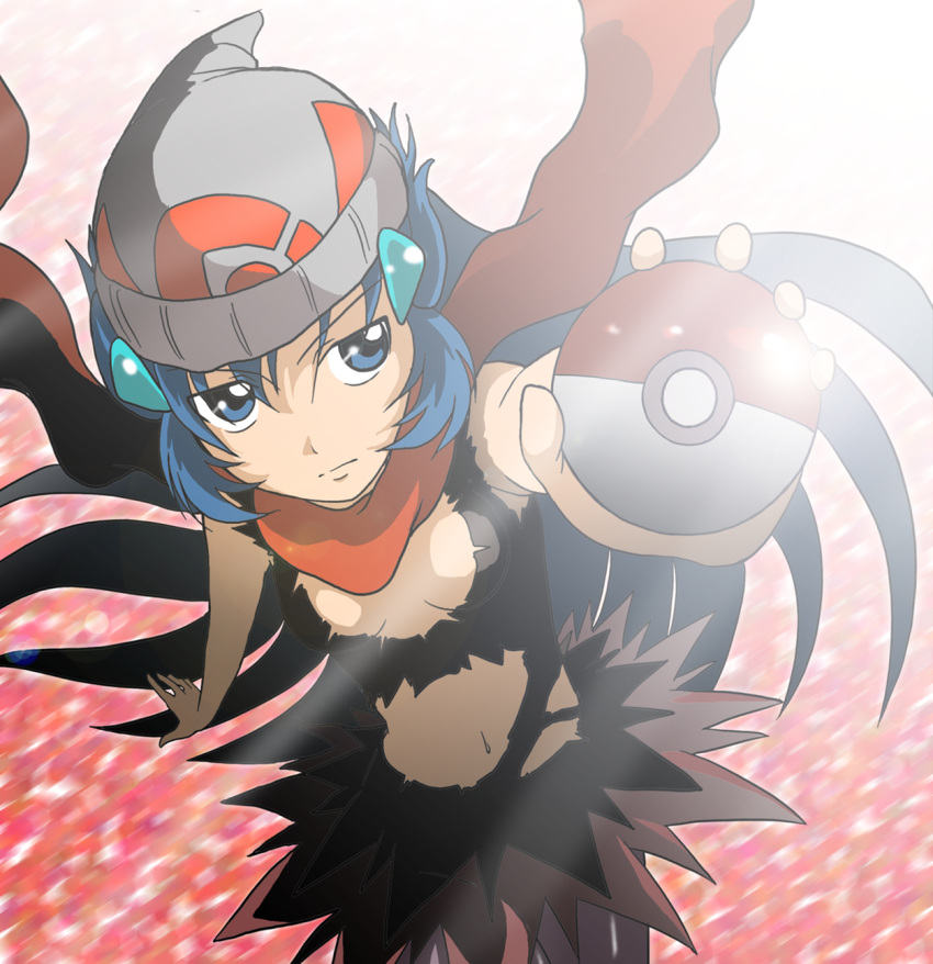 beanie blue_eyes blue_hair commentary_request cosplay darkrai darkrai_(cosplay) dawn_(pokemon) female hat highres holding holding_poke_ball light long_hair navel poke_ball poke_ball_(basic) pokemon solo takaya_n