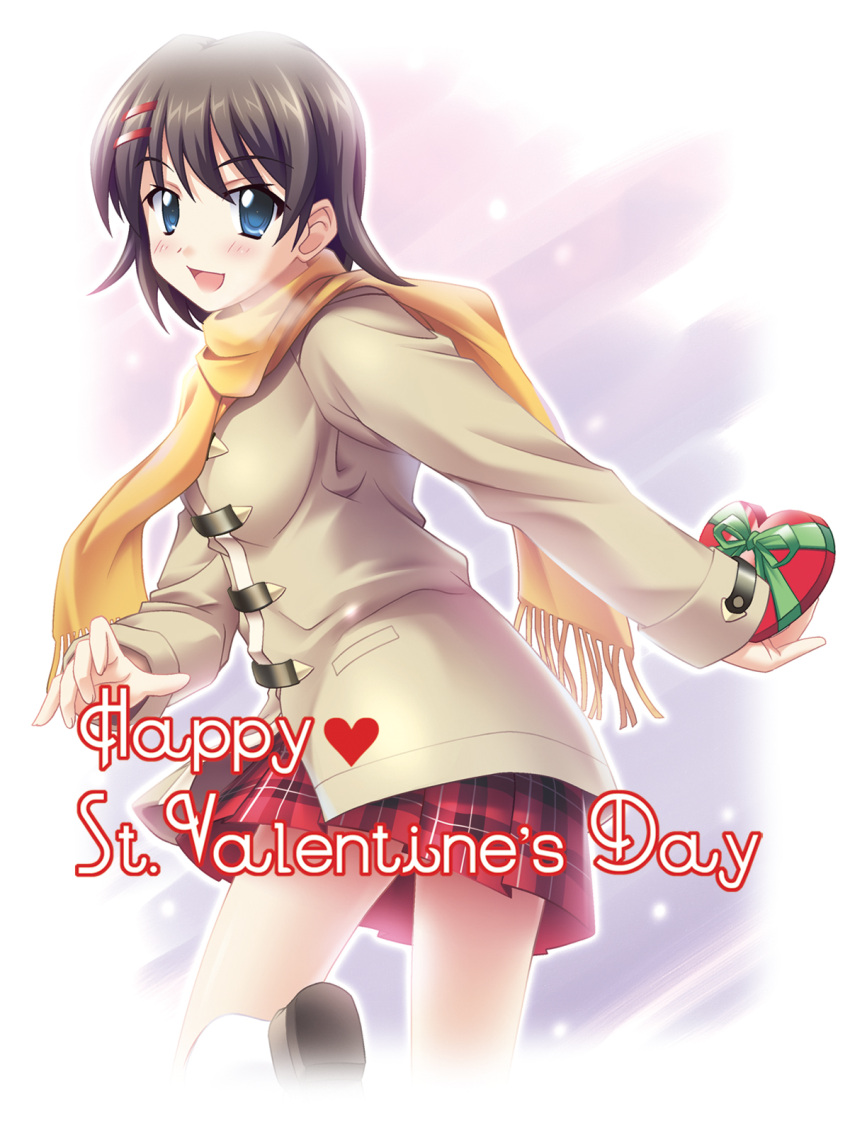 :d blue_eyes blush border box breasts breath brown_footwear brown_hair coat dot_nose duffel_coat english_text fading_border female fringe_trim gift gift_box grey_coat hair_ornament hairclip happy happy_valentine heart heart-shaped_box highres holding holding_gift kneehighs leg_up loafers long_sleeves looking_back medium_breasts miniskirt open_mouth original outdoors outline photoshop_(medium) plaid plaid_skirt pleated_skirt red_skirt richu running scarf shoes short_hair skirt smile snowing socks solo valentine white_socks yellow_scarf