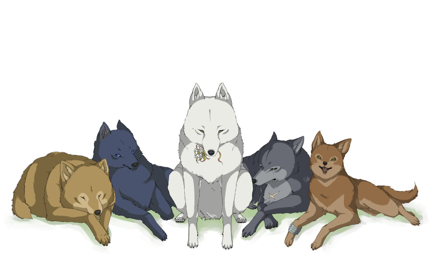 animal animal_focus blue_(wolf's_rain) blue_eyes bracelet brown_eyes canine commentary_request epiphyllum flower hige jewelry kiba lying multiple_dogs no_humans scar shiroinu sitting toboe tongue tsume white_flower wolf wolf's_rain yellow_eyes